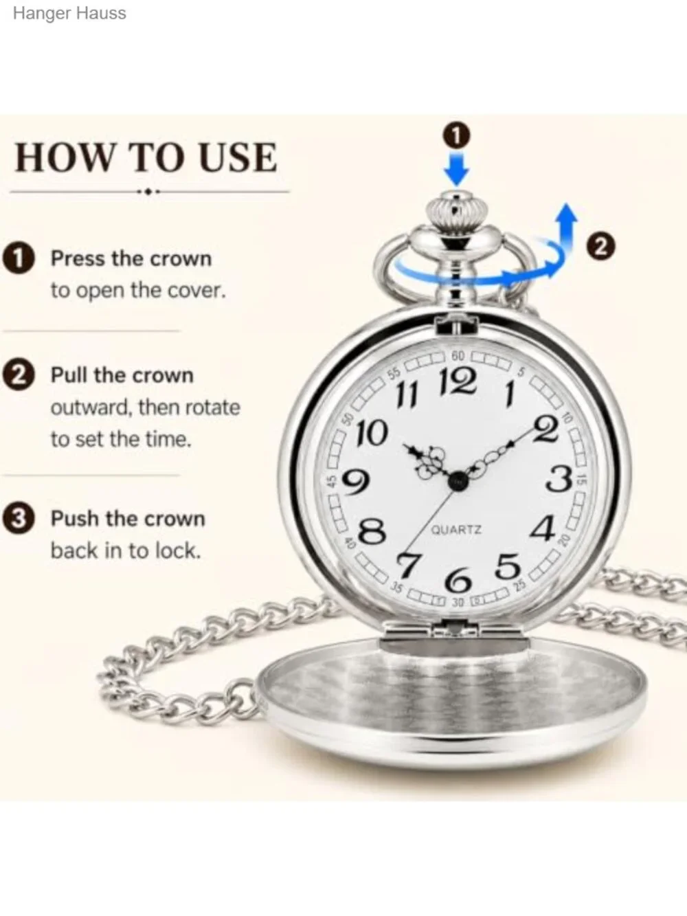 Vintage 1920s Inspired Smooth Pocket Watch with Chain - Quartz Analog for Men